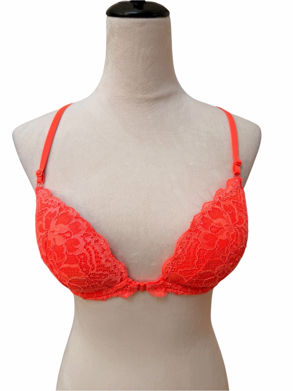PINK Victoria’s Secret 34D Racerback Orange Lace Plunge Push-Up Bra Coral